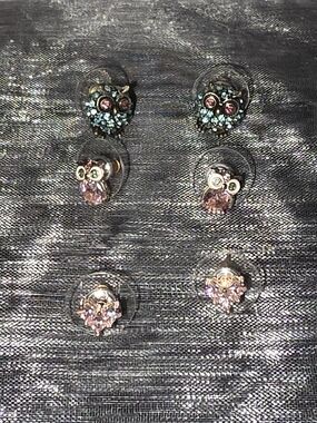 Betsey Johnson Pink Heart and Pink And Blue Owl Stud Earring Set